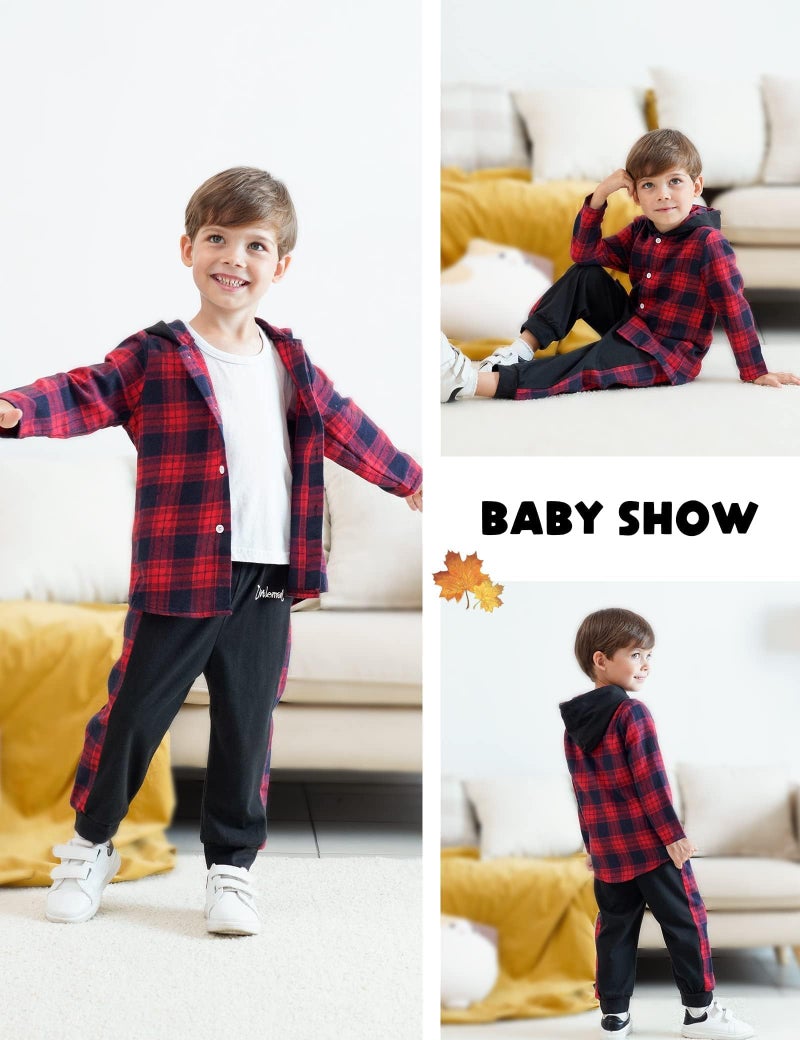 Fuermos Toddler Baby Boys Clothes Flannel Lattice Button Down Hooded Tops +Pants Boys Fall Winter Outfits(5-6T) - Image 3